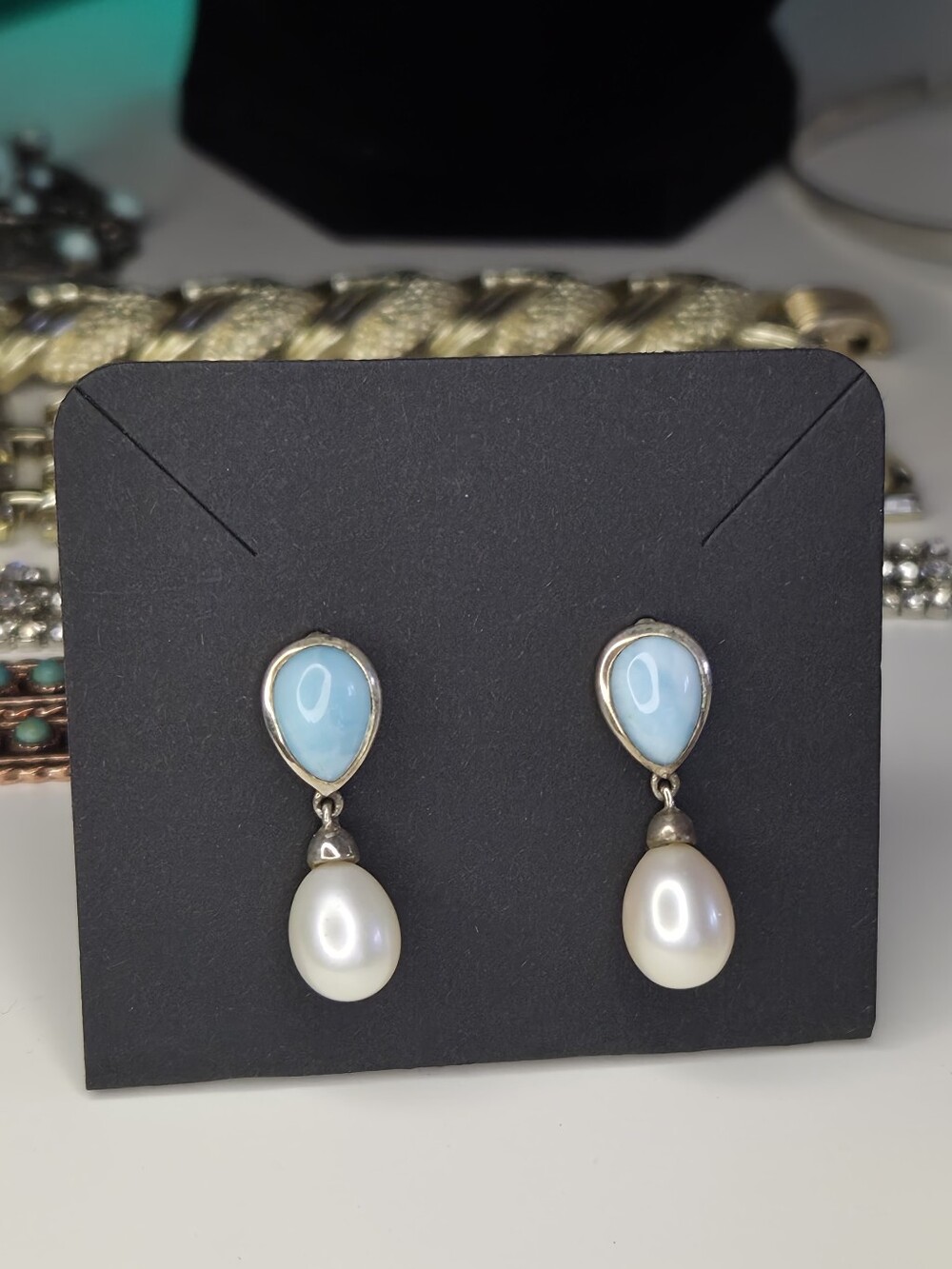 Marahlago 925 Sterling Silver Larimar & Freshwater Pearl Drop Earrings